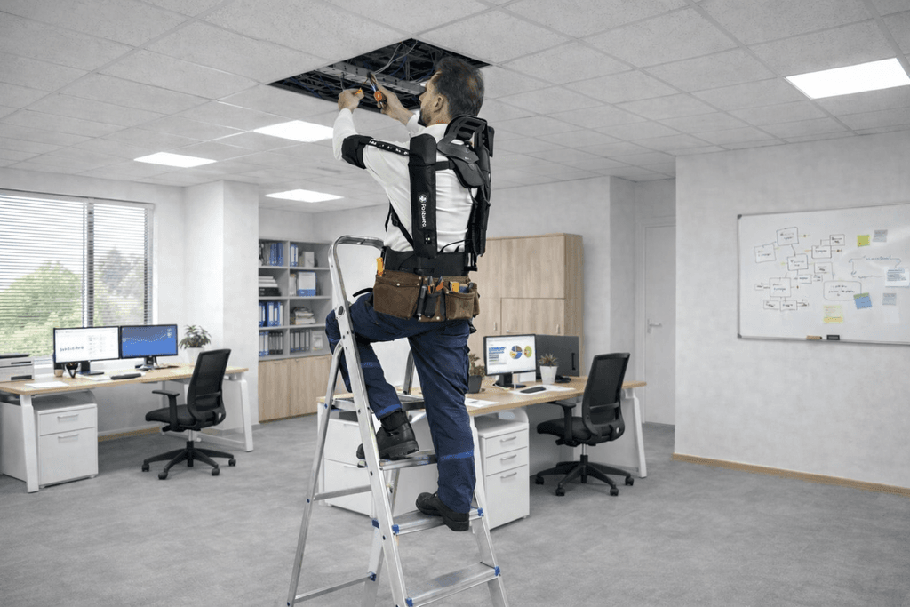 Électricien équipé d’un exosquelette intervenant au plafond depuis un escabeau dans un bureau