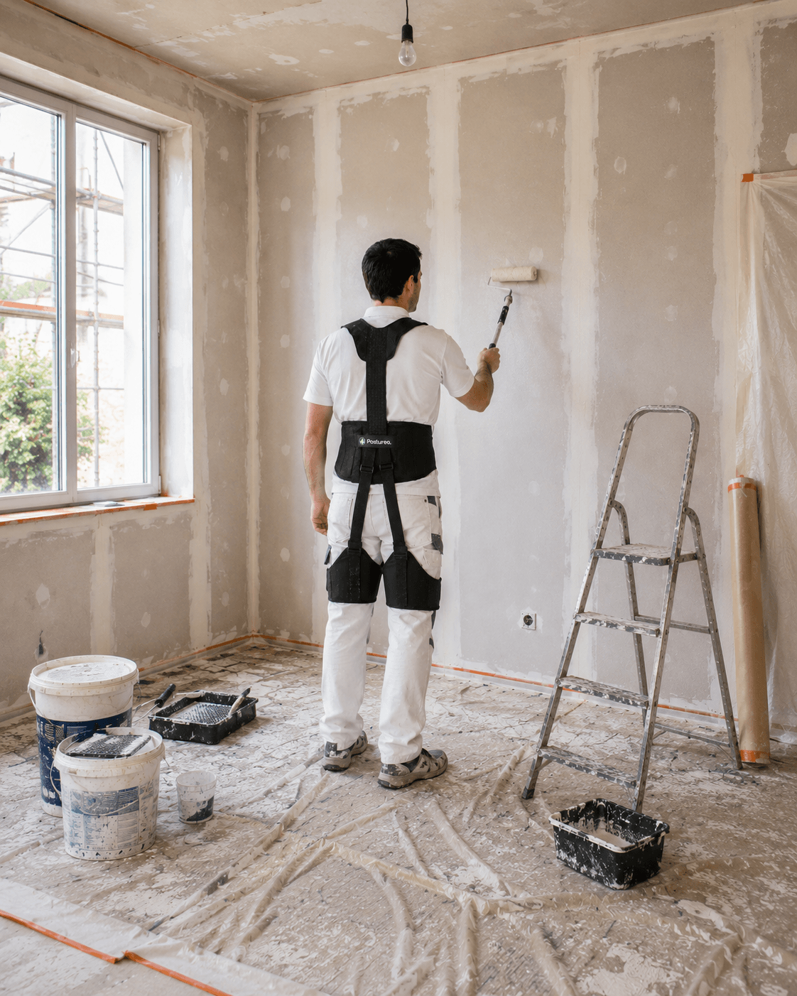 Peintre équipé d’un exosquelette appliquant de la peinture sur un mur