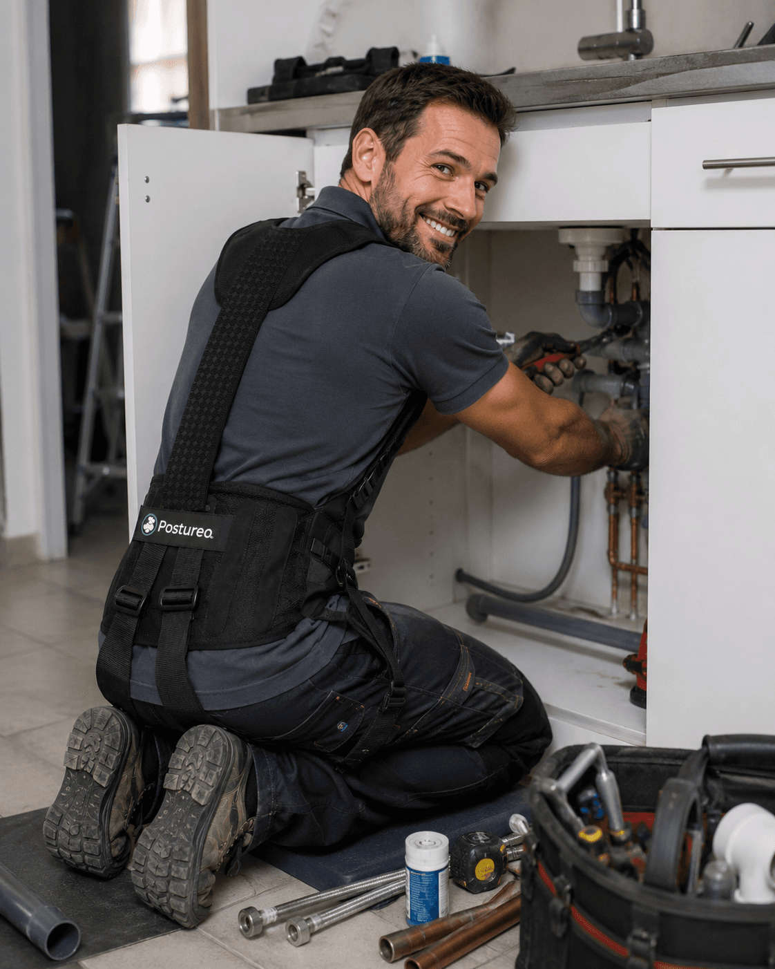 Plombier équipé d’un exosquelette intervenant sur un réseau de plomberie