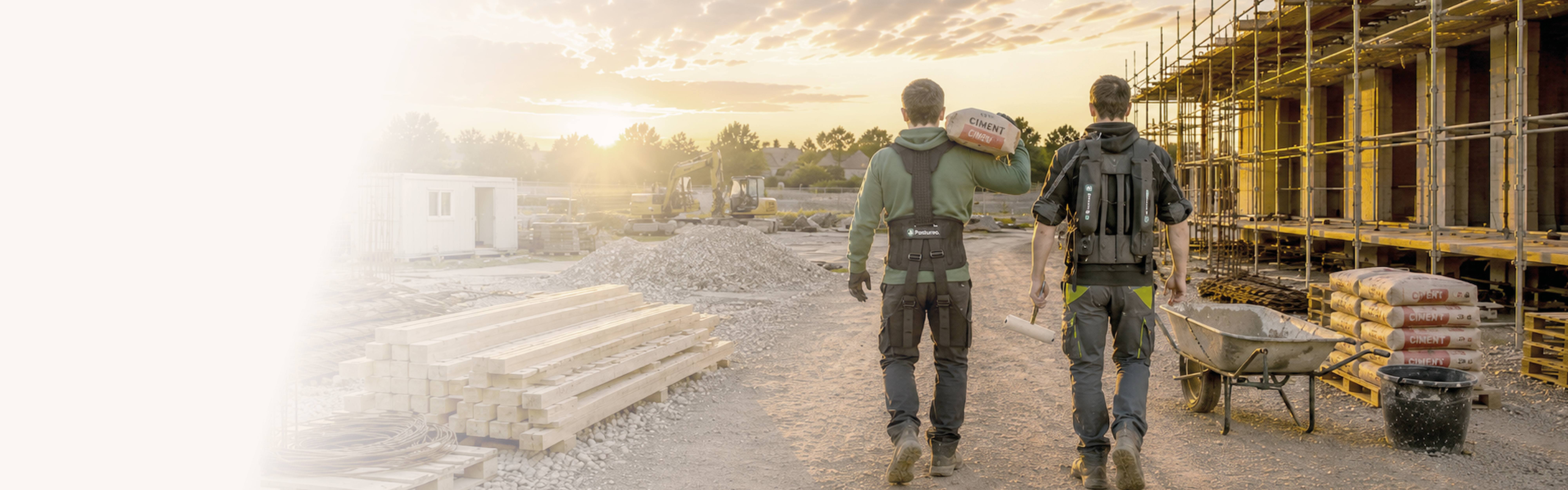 Professionnels portant des exosquelettes dans un environnement de chantier