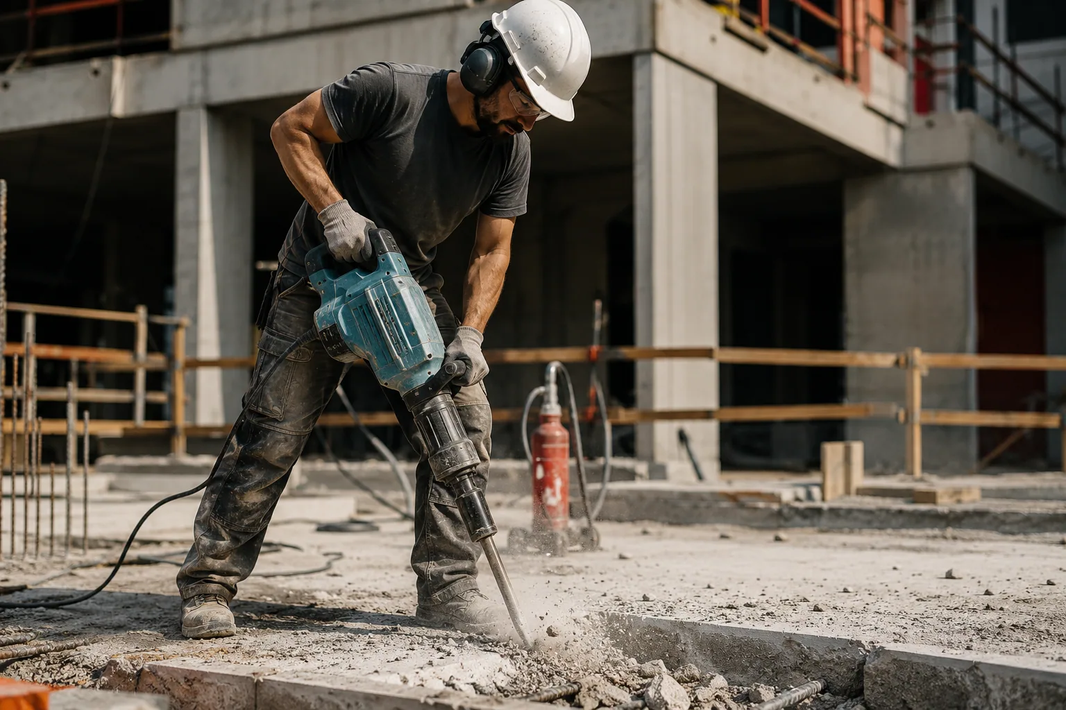 Ouvrier utilisant un marteau-piqueur sur un chantier