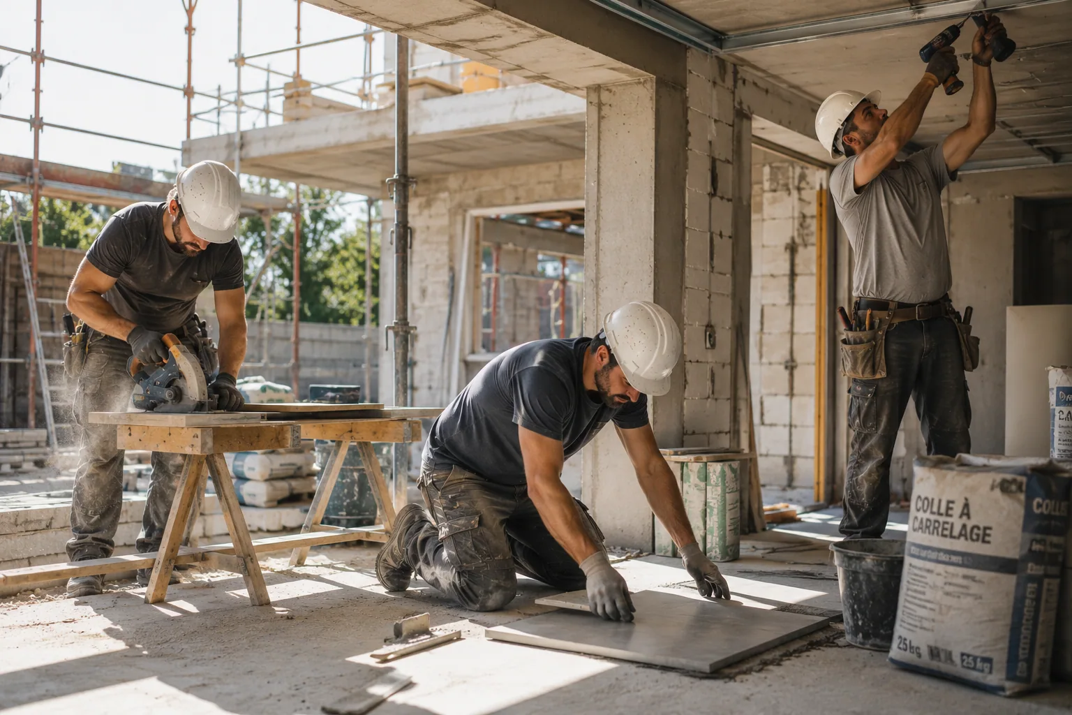 Trois artisans réalisant différentes tâches sur un chantier