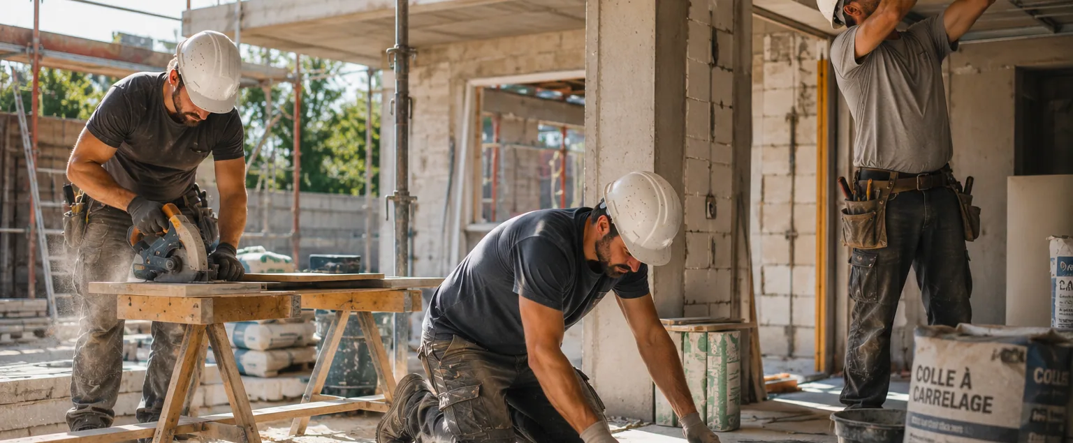 Trois artisans réalisant différentes tâches sur un chantier