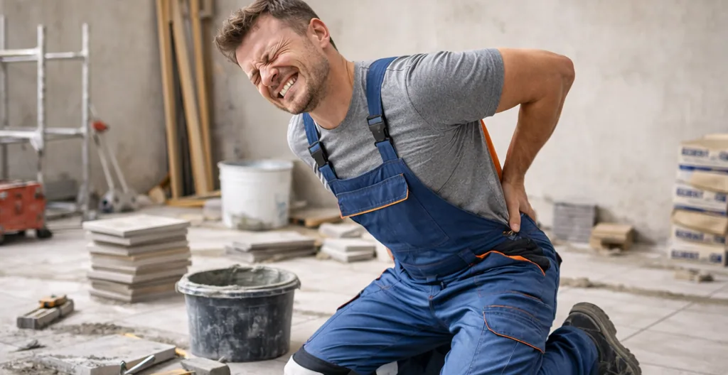 Carreleur se tenant le bas du dos au travail
