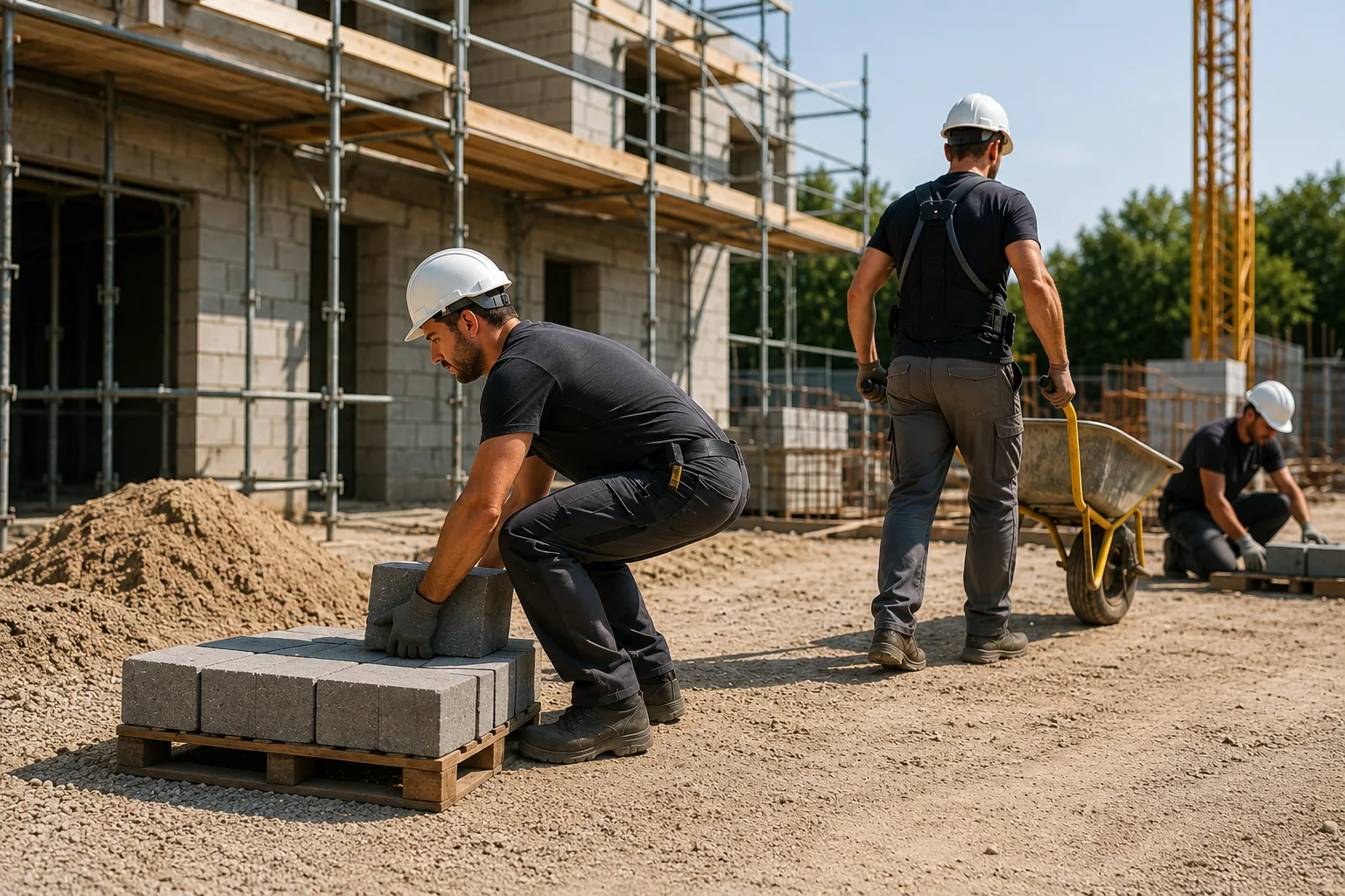 Maçon portant un parpaing sur un chantier