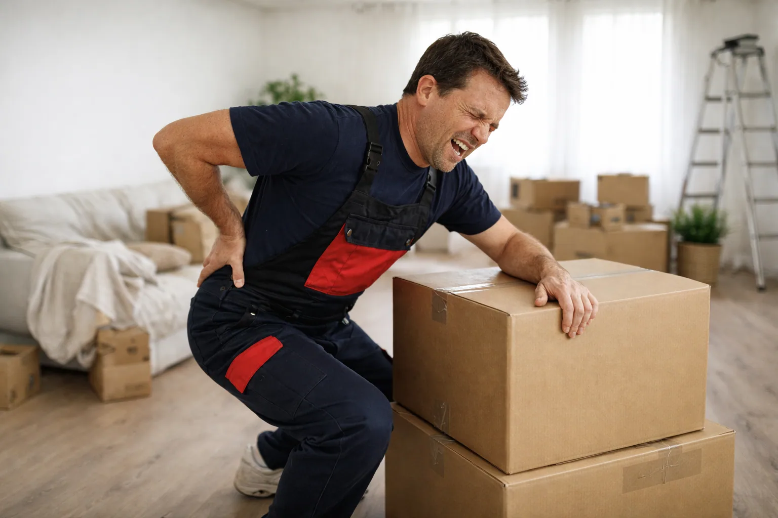 Déménageur se tenant le bas du dos près de cartons