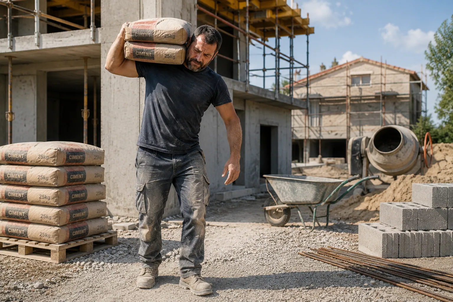 Maçon portant un sac sur l’épaule sur un chantier