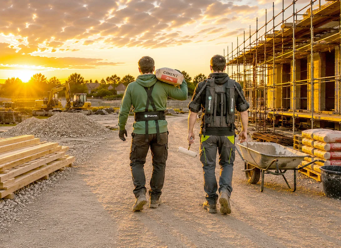 Deux professionnels équipés d’exosquelettes marchant sur un chantier