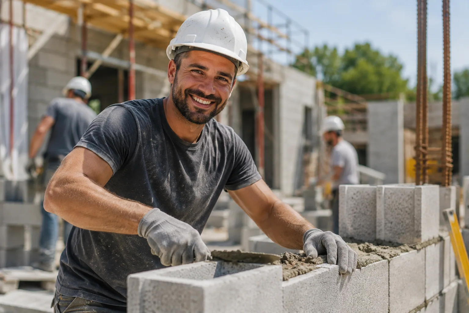 Maçon souriant au travail sur un chantier